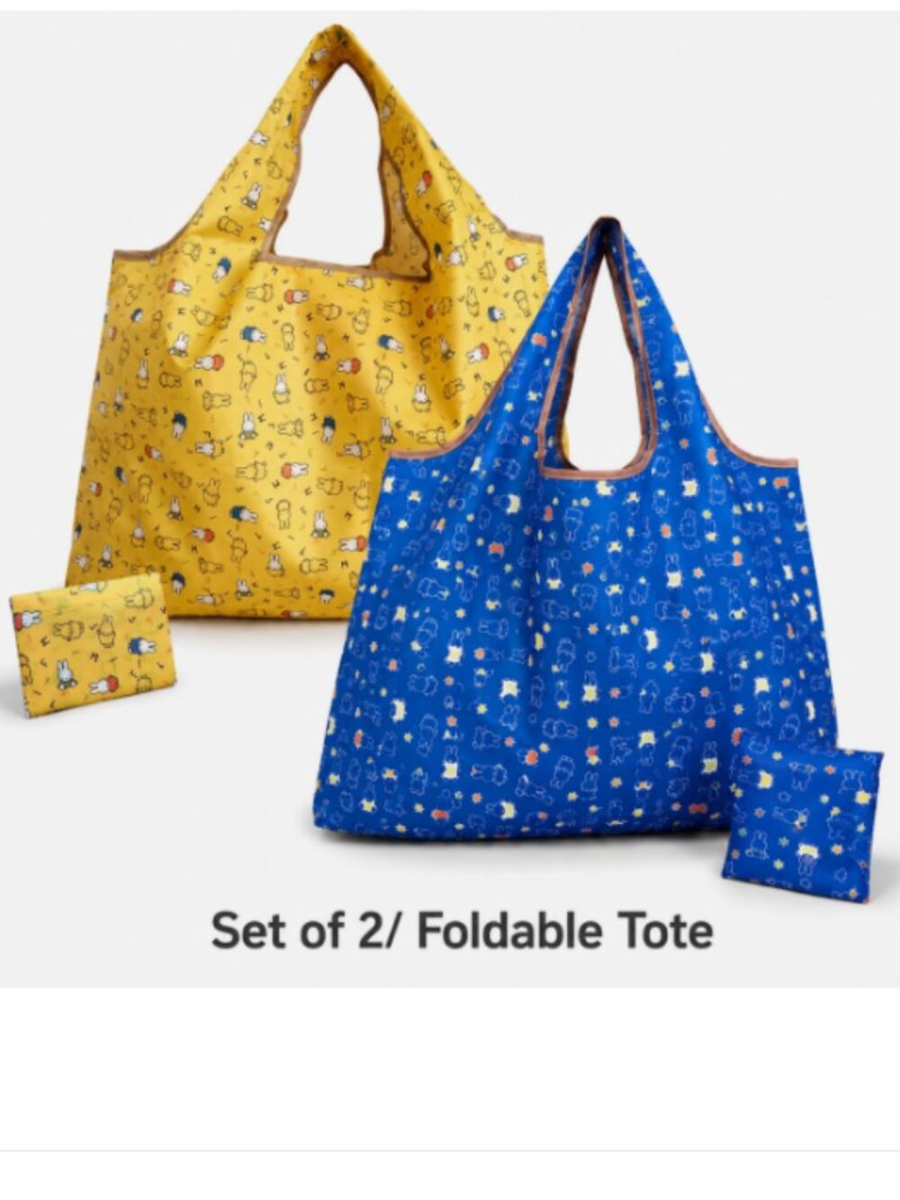 (Set of 2) Miffys Style Tote Rabbit 2-Way LARGE Market Foldable Yellow Blue Bag